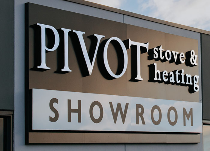 Large exterior front lit sign for Pivot Stoves